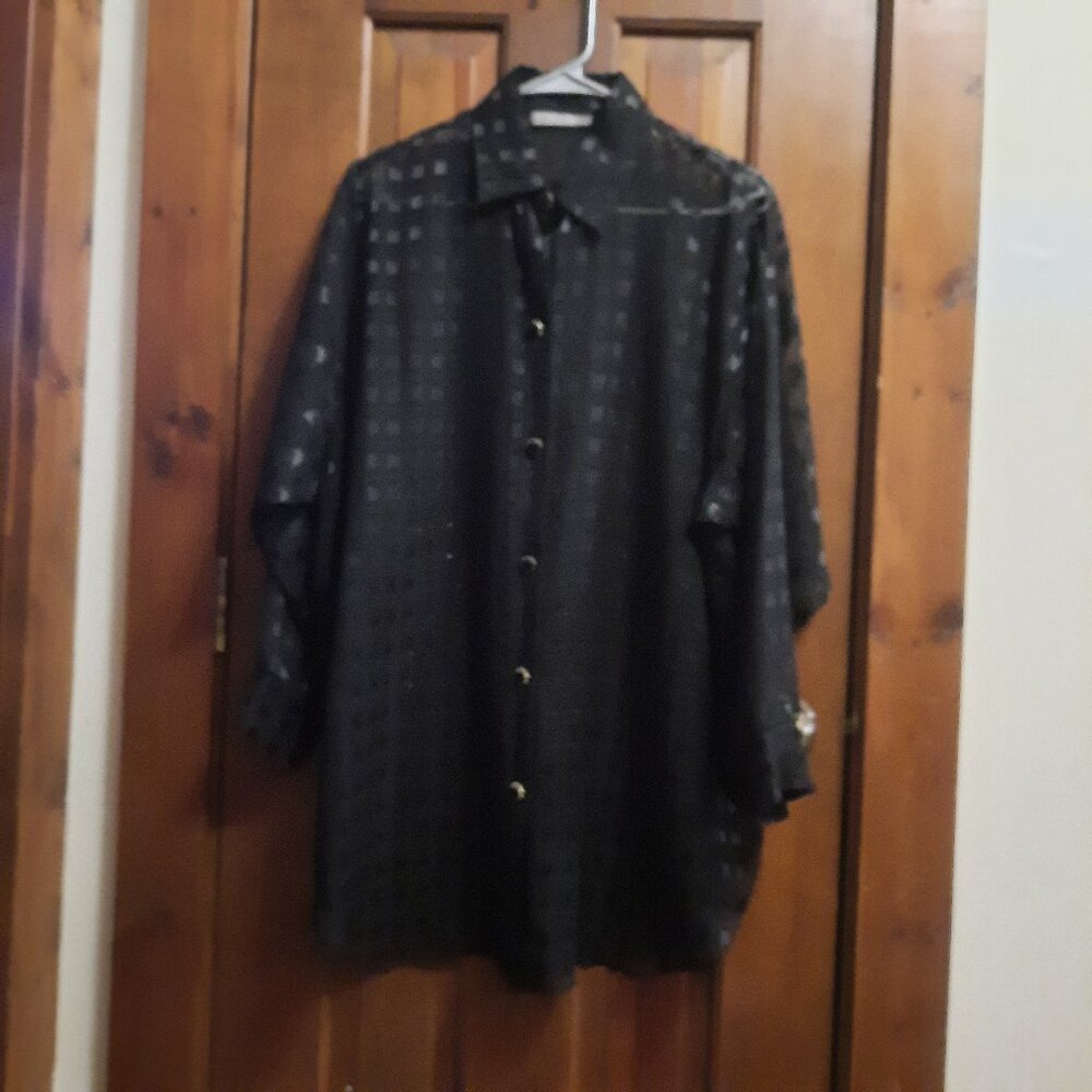 Oversized Sheer Black Chiffon Blouse with Satin Square Design, Anne Klein